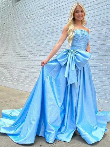 A Line Strapless Light Blue Taffeta Slit Prom Dress with Bow VL251201