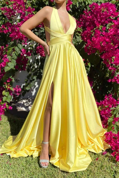 A Line Deep V Neck Yellow Satin Long Prom Dress with Slit VL071102