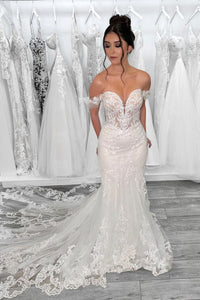 Attractive Mermadi Off the Shoulder Tulle Wedding Dresses with Appliques VL4062501