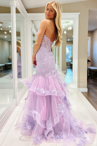 Lilac Sweetheart Tulle Appliques Mermaid Long Prom Dress VL012602