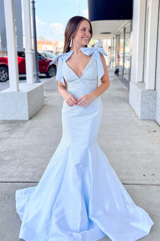 Lovely Mermaid V Neck Light Blue Satin Long Prom Dress with Bows VL4070701