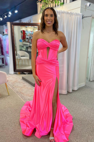 Cute Mermaid Sweetheart Pink Satin Slit Prom Dress VL24112903