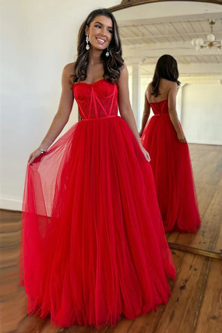 Simple Red Sweetheart A-Line Floor Length Tulle Prom Dress VL011912