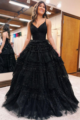 Cute Ball Gown V Neck Black Sparkly Tulle Prom Dress VL122317