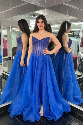 A-Line Strapless Royal Blue Organza Long Prom Dresses with Beading VL022703