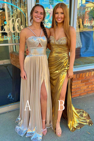 Cute Mermaid Gold Sparkly Satin Prom Dresses with Slit VL011002