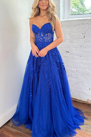 Cute A Line Sweetheart Royal Blue Tulle Long Prom Dress with Appliques VL122326