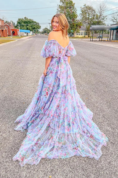 Gorgeous A Line Off the Shoulder Lilac Floral Printed Corset Prom Dress VL012808