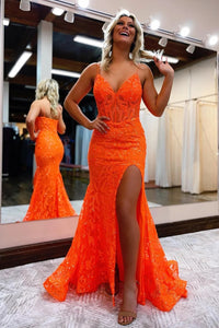 Orange Spaghetti Straps Sequin Lace Mermaid Prom Dress VL011231