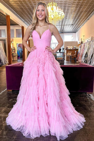 A Line Spaghetti Straps Pink Long Prom Dress with Ruffles VL011217