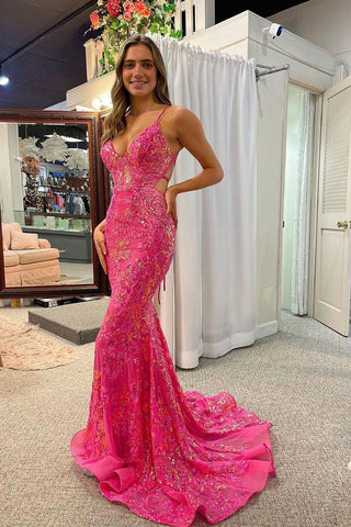 Mermaid V Neck Fuchsia Sequins Lace Long Prom Dresses VL020402