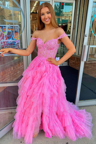 Cute A Line Off the Shoulder Tiered Tulle Prom Dresses with Slit VL011003