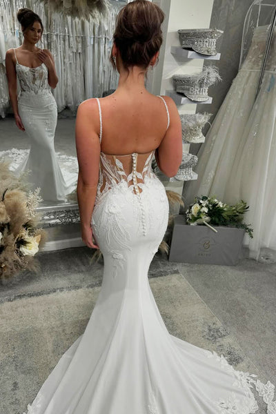 Elegant Mermaid Scoop Neck Long Wedding Dress with Appliques VL25010206