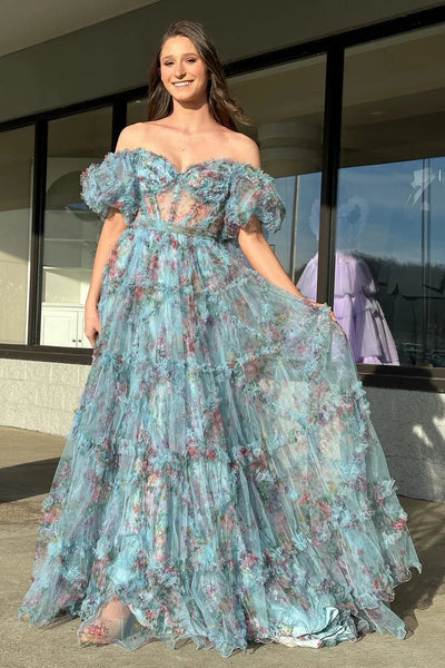 Gorgeous A Line Off the Shoulder Lilac Floral Printed Corset Prom Dress VL012808