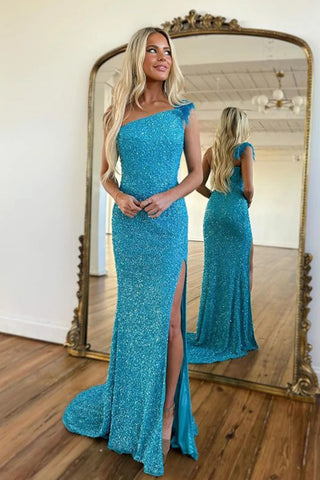 Mermaid One Shoulder Blue Sequins Long Prom Dress with Split Front VL011609