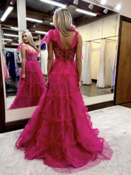 Cute A Line Sweetheart Fuchsia Tulle Long Prom Dresses VL24102001