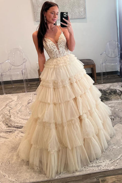 Champagne V Neck Ruffle Tiered Long Prom Dress VL012609