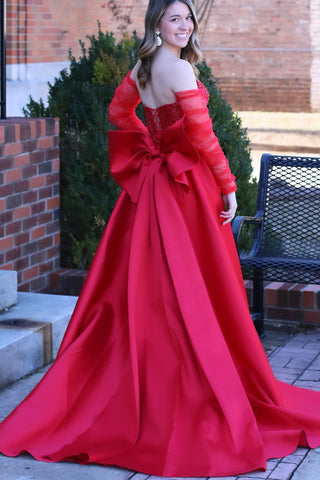 Red Sweetheart Satin Beaded Long Prom Dress with Slit VL021703