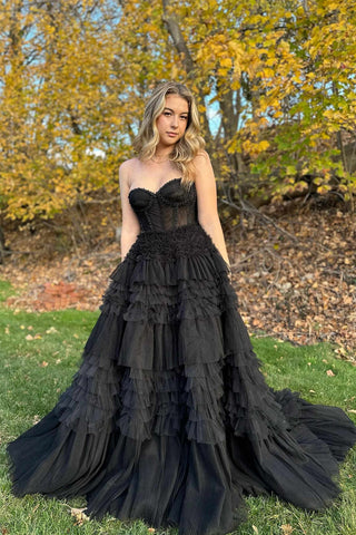 Cute Ball Gown Sweetheart Black Tulle Tiered Prom Dress with Beading VL122801