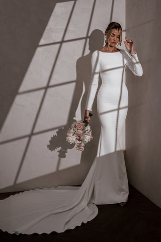 Elegant Mermaid Scoop Neck Elastic Satin Long Wedding Dresses with Long Sleeves VL24101101