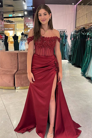 Burgundy Off-Shoulder Satin Beaded Mermaid Long Prom Dress with Slit VL011805