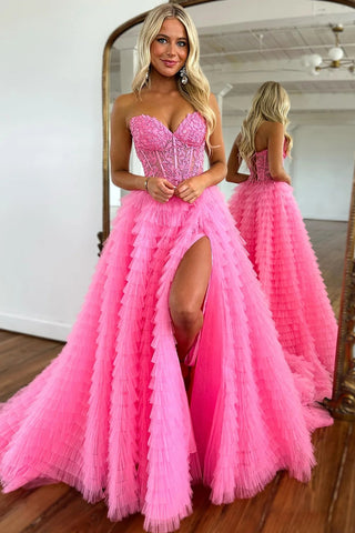 Pink Corset A-Line Sweetheart Tiered Long Prom Dress with Lace VL011328