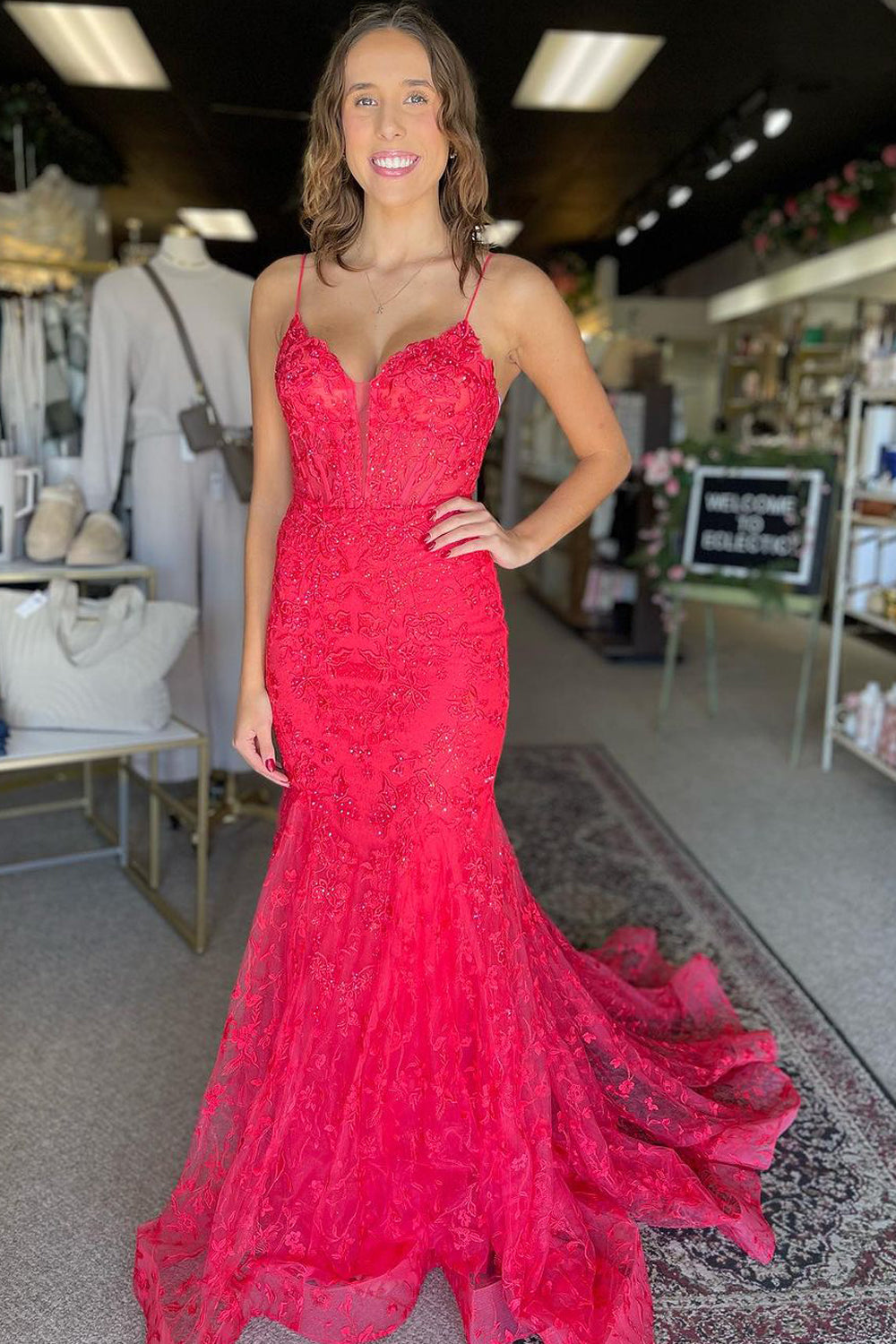 Cute Mermaid V Neck Red Lace Prom Dresses VL24103107