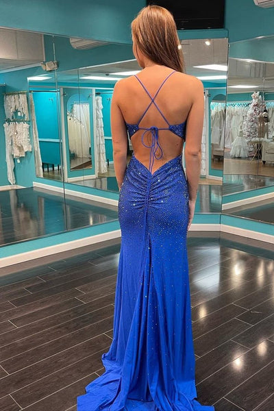 Cute Mermaid Royal Blue Hot Stone Beading Satin Long Prom Dress with Slit VL010701