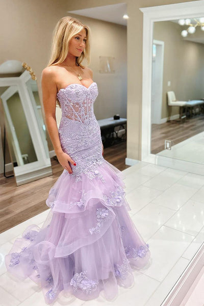 Lilac Sweetheart Tulle Appliques Mermaid Long Prom Dress VL012602