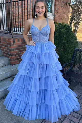 Charming A Line Spaghetti Straps Blue Ruffles Prom Dress with Appliques VL011703