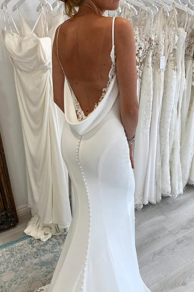 Simple Elegant Mermaid V Neck Long Wedding Dresses with Appliques VL24102009