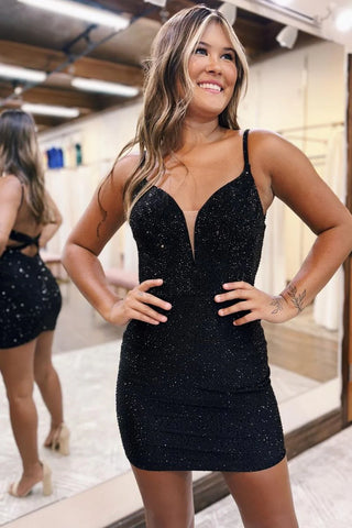 Bodycon V Neck Black Tight Homecoming Dresses VL24071802