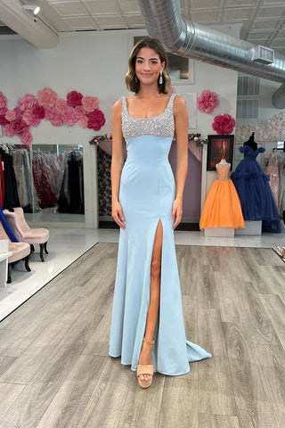 Sparkly Light Blue Long Beaded Sheath Prom Dress with Slit VL012307