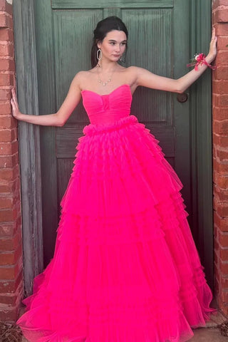 Fuchsia Strapless Pleated Ruffle-Layers Long Prom Dress VL012103