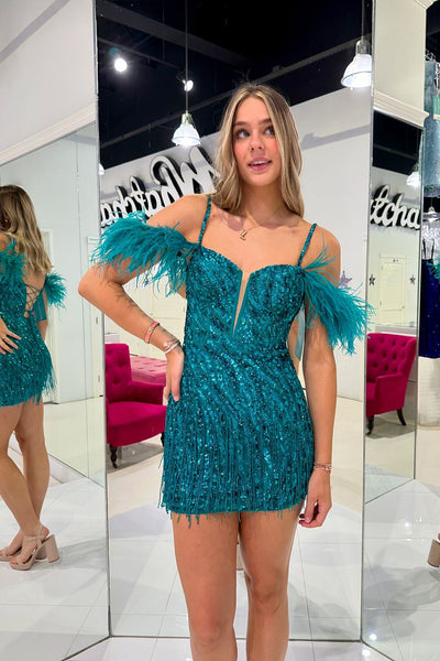 Peacock Blue Cold Shoulder Sequins Tight Homecoming Dresses with Feather VL24080907