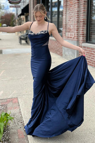 Mermaid Spaghetti Straps Navy Long Prom Dress with Sweep Train VL011414