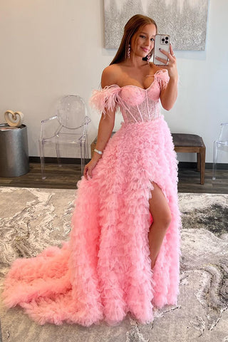 Princess A Line Off the Shoulder Pink Long Prom Dress with Feather VL011228