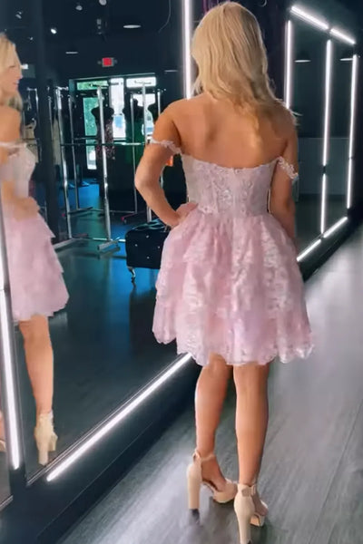 A-Line Off the Shoulder Pink Lace Short Homecoming Dresses VL24081509