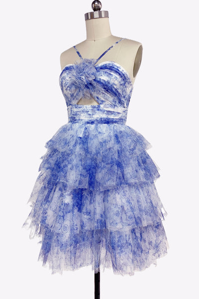 A-Line Spaghetti Straps Floral Print Tiered Short Homecoming Dresses VL24081408