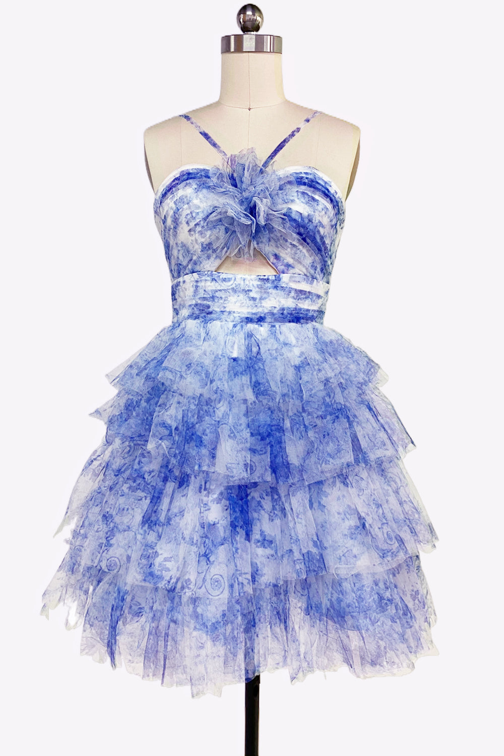 A-Line Spaghetti Straps Floral Print Tiered Short Homecoming Dresses VL24081408