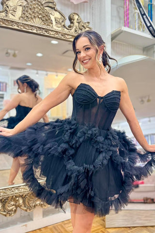 A-Line Strapless Black Ruffle Tulle Short Homecoming Dresses VL24091201