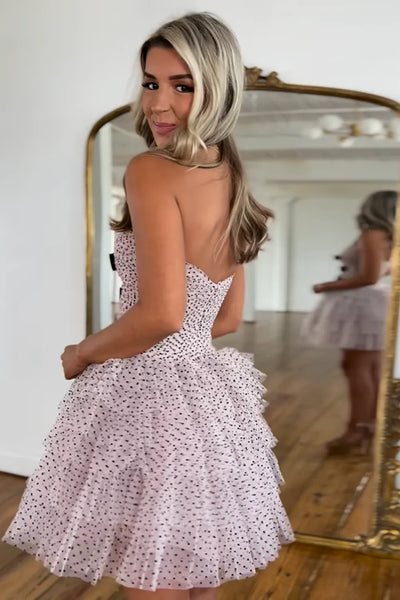 A-Line Strapless Pink Polk Dot Ruffle Short Homecoming Dresses VL24090401