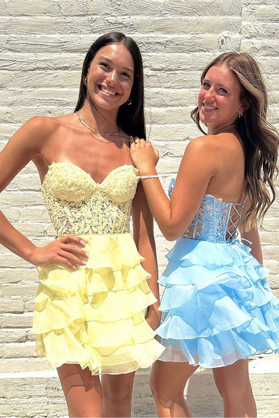 A-Line Sweetheart Blue Tiered Short Homecoming Dresses with Appliques VL24081301