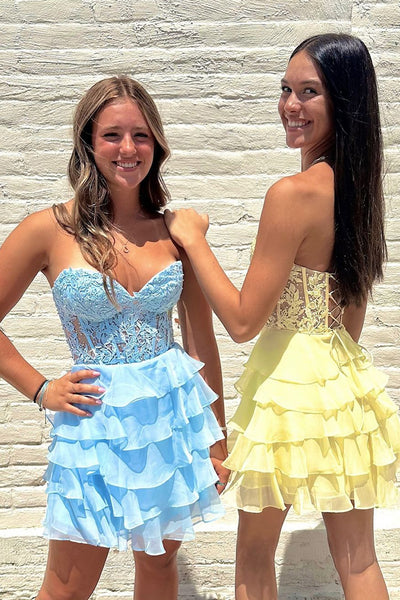 A-Line Sweetheart Blue Tiered Short Homecoming Dresses with Appliques VL24081301