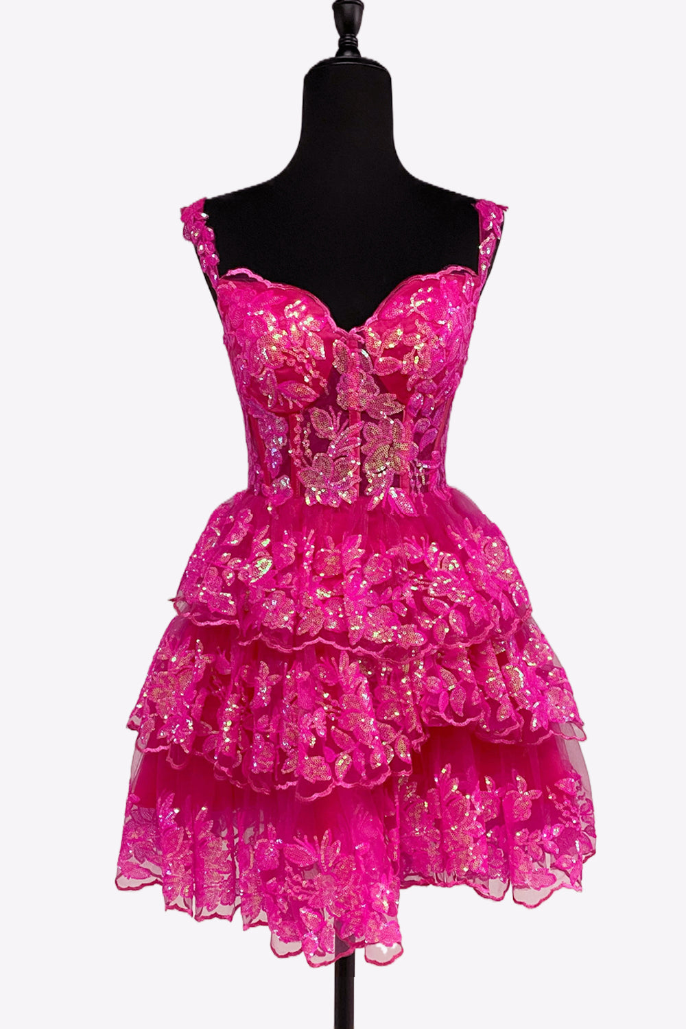 A-Line Sweetheart Fuchsia Sequin Lace Tiered Short Homecoming Dresses VL24081407