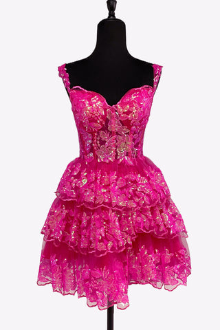 A-Line Sweetheart Fuchsia Sequin Lace Tiered Short Homecoming Dresses VL24081407