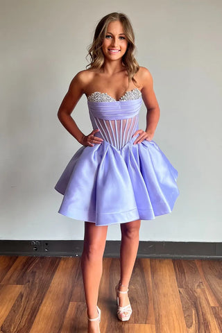 A-Line Sweetheart Lavender Satin Short Homecoming Dresses with Beadings VL24081505