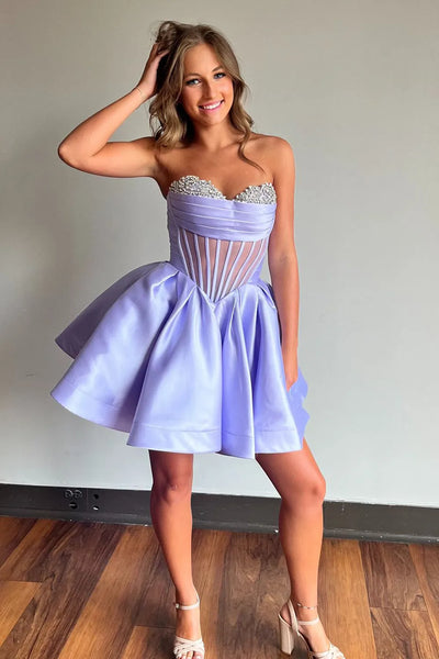 A-Line Sweetheart Lavender Satin Short Homecoming Dresses with Beadings VL24081505