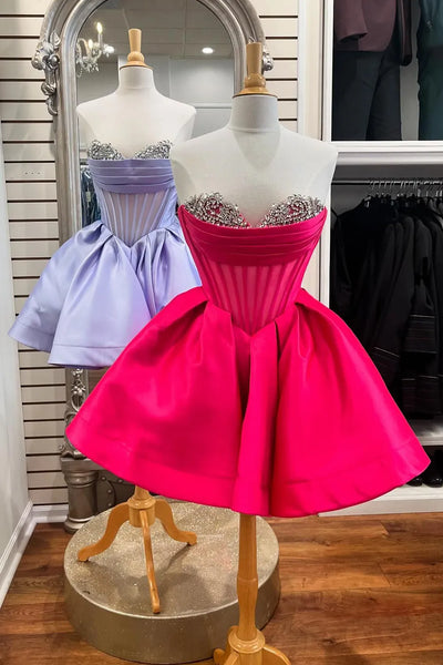 A-Line Sweetheart Lavender Satin Short Homecoming Dresses with Beadings VL24081505