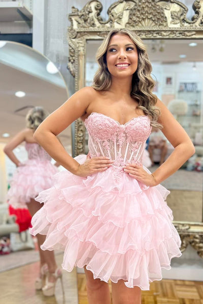 A-Line Sweetheart Light Pink Ruffle Tiered Short Homecoming Dresses VL24081303